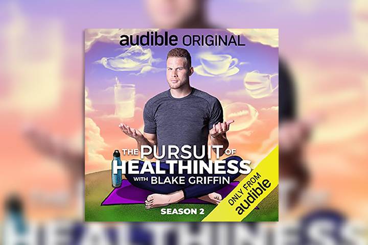 Album art for "The Pursuit of Healthiness" podcast with Blake Griffin. On the cover Blake is sitting cross legged on a yoga mat and clouds forming a cup, mask, shoes, balls form in the background