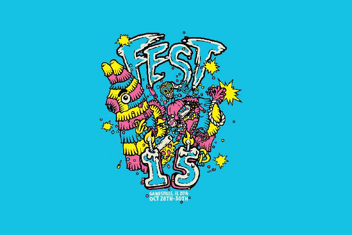 Graphic for the Fest 15 music festival. Piñata is split on a blue background